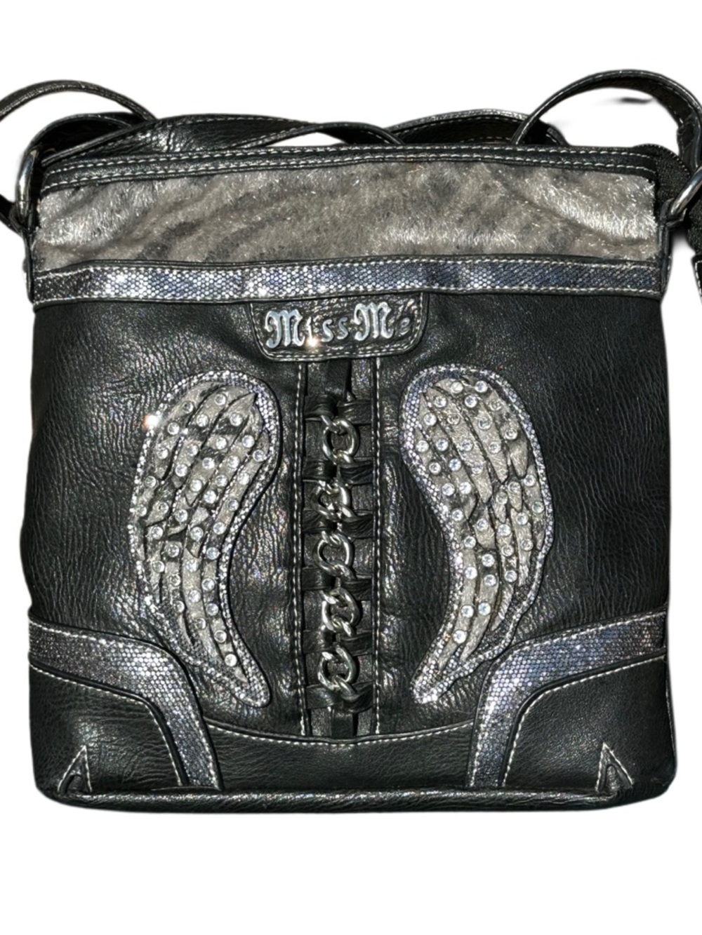 Miss Me Black Silver Wing Embellished Crossbody Bag